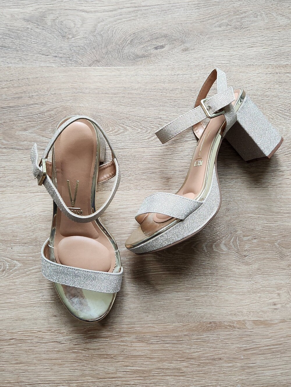 Vizzano Glitter Metallic Block Heel High Heels Sandals Gold 10 New NWOT